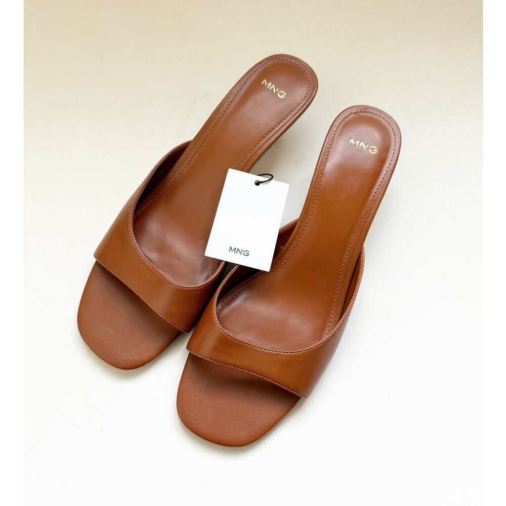NWT Mango MNG Sandy Sandal Cognac Brown Slide Kitten Heel Size 41/10